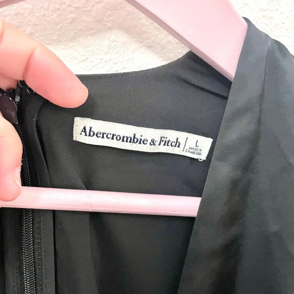 Abercrombie & Fitch Long Sleeve Black Satin Plunge Mini Dress L